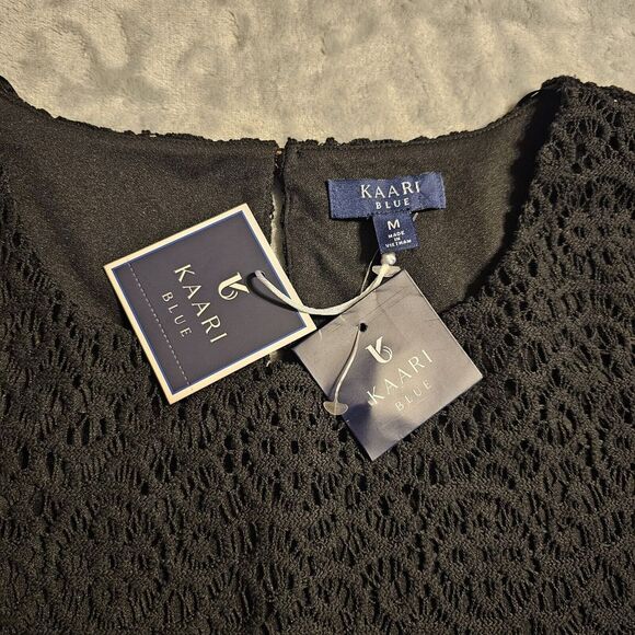 Kaari Blue Tunic Top Blouse Womens Medium Black Floral Lace Career Workwear - Picture 9 of 14